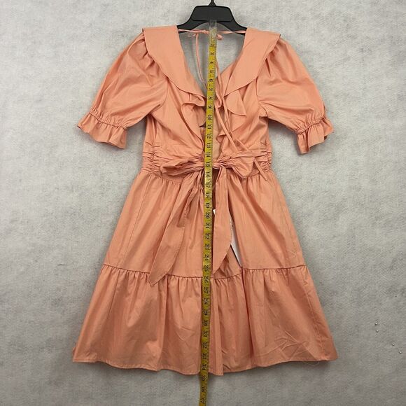WAYF Mini Dress Womens Size Medium Peach Ruffle Neck Tiered Button Tie MSRP $158 - Picture 9 of 15